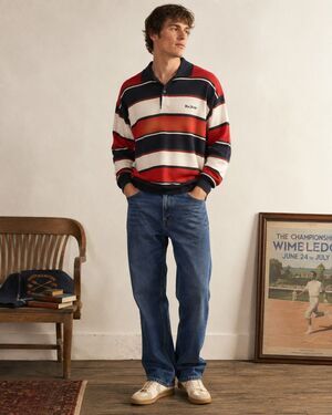 Vintage Striped Merino Wool Blend Polo Sweater Red White Navy Blue Drake Size L
